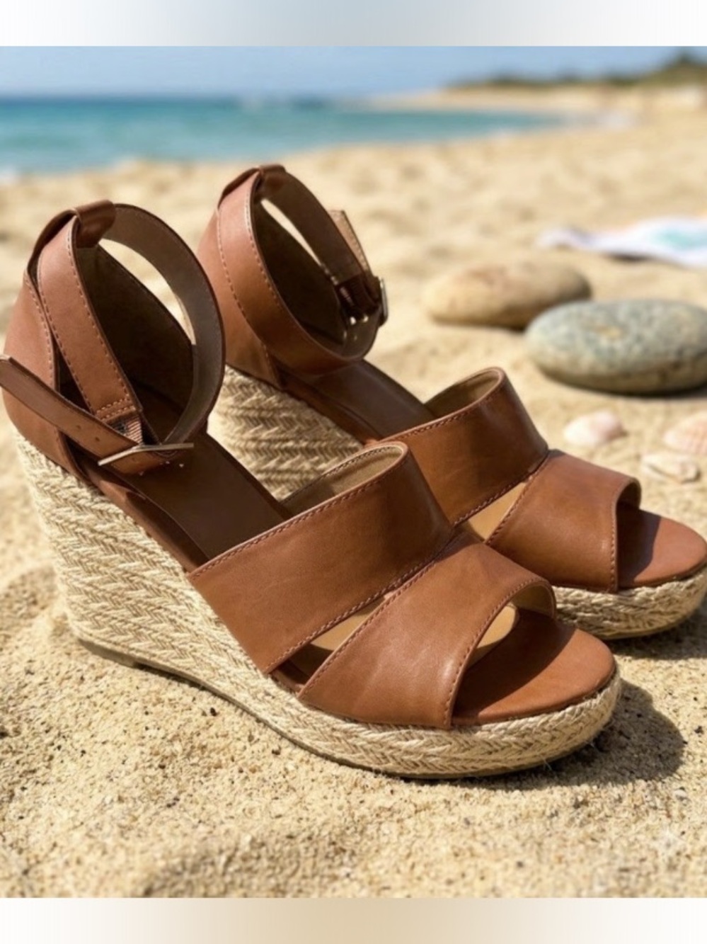 Brown Women's Wedge Sandals with Ankle Strap